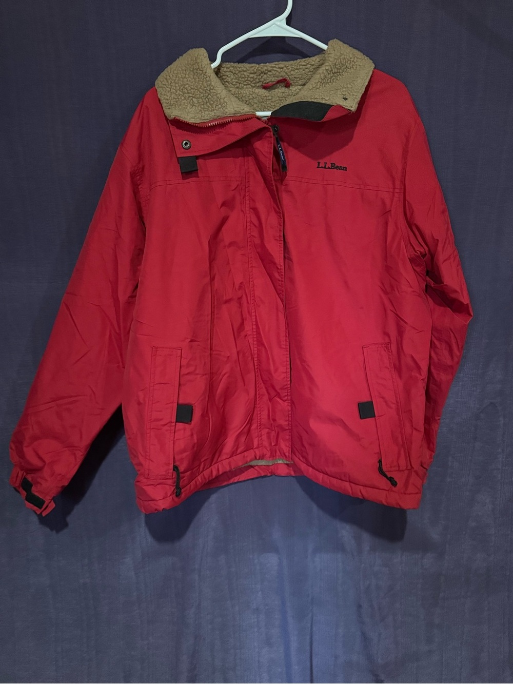 L.L. Bean Red Puffer Jacket with Tan Fleece Collar